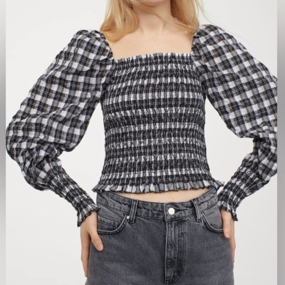 H&M Smocked Blouse Gingham Long Sleeve Crop Top - Picture 15 of 15